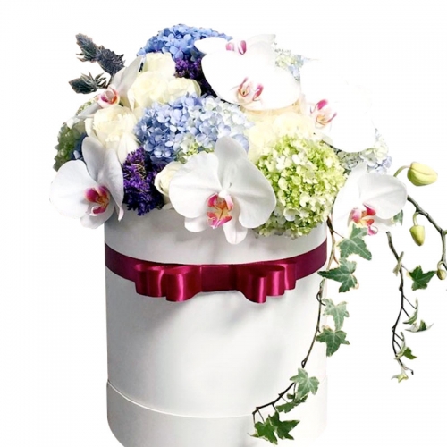 Цветы в шляпной коробке "Гортензия с орхидеей"